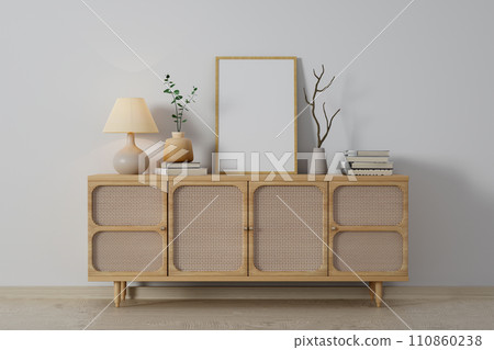 Wooden cabinet near wall with blank poster frame with copy space. Interior design of modern living room. 3d rendering illustration 110860238