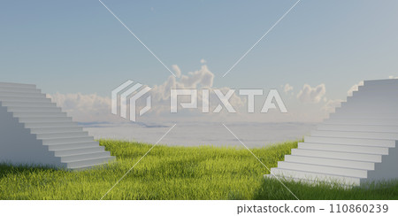 Platform and Natural podium stair backdrop with grass field and sky cloud background for product display. landscape scene background. 3d rendering illustration Platform and Natural podium stair backdrop with grass field and sky cloud background for product display. landscape scene background. 3d rendering illustration 110860239