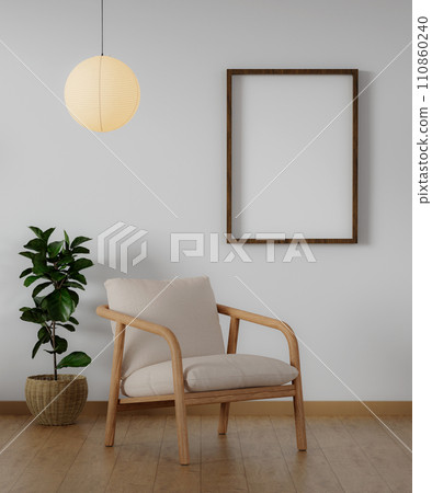 Modern minimalist interior with an armchair on empty white wall background and Blank picture frame mockup on white wall. 3d rendering illustration Modern minimalist interior with an armchair on empty white wall background and Blank picture frame mockup on white wall. 3d rendering illustration 110860240