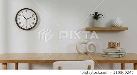 Empty modern table, chair with contemporary items, showcasing a minimalistic arrangement that exudes a sense of modernity and style. 3d rendering illustration 110860245