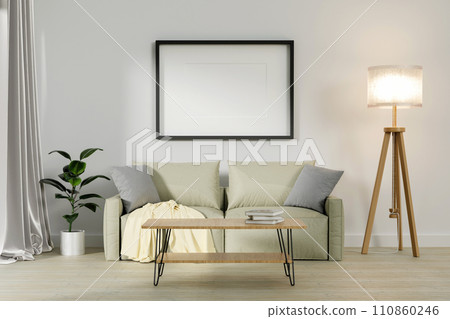 Blank picture frame mockup on white wall. Modern living room design. View of modern Scandinavian style interior with sofa. 3d render illustration 110860246