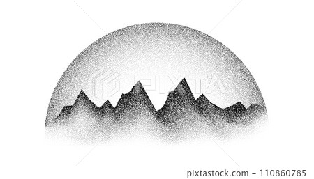Grain stippled mountain range. Dotted landscape terrain silhouette. Black white grainy hill chain. Grunge noise textured background. Pointillism texture wallpaper. Vector grey dot work illustration Grain stippled mountain range. Dotted landscape terrain silhouette. Black white grainy hill chain. Grunge noise textured background. Pointillism texture wallpaper. Vector grey dot work illustration 110860785