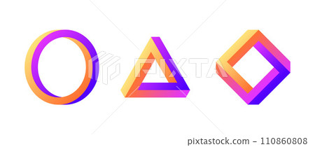Impossible shape set. Colorful optical illusion circle, square, triangle. Gradient mobius strip collection. Abstract unreal geometric forms. Puzzle design elements for logo, icon, label, tag. Vector 110860808