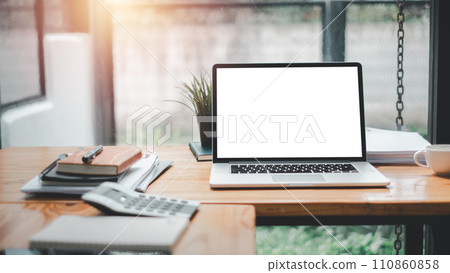 Blank screen laptop computer on office desk, Blank screen for product display. Mock up. 110860858