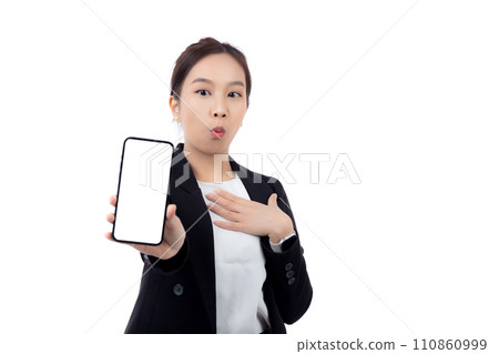 Portrait young asian business woman showing and presenting smartphone with blank with mockup. 110860999