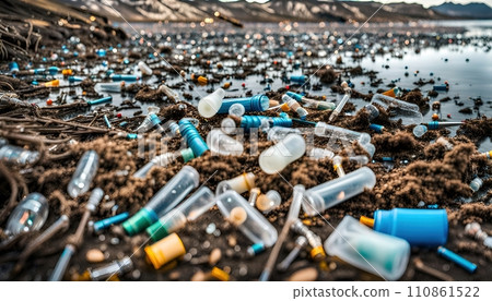 Used weathering and differently colored plastic parts and plastic residues pollute the sand and soil of nature - ai generated 110861522