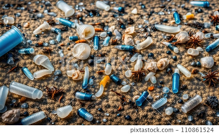 Used weathering and differently colored plastic parts and plastic residues pollute the sand and soil of nature - ai generated 110861524