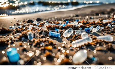 Used weathering and differently colored plastic parts and plastic residues pollute the sand and soil of nature - ai generated 110861529