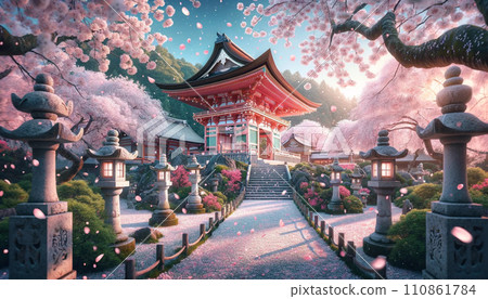 Beautiful cherry blossoms and shrines 110861784