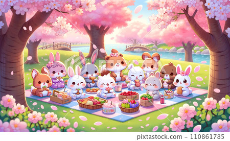 Cute cherry blossom viewing with animals Cute cherry blossom viewing with animals 110861785