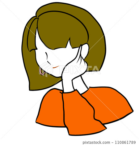 Illustration of a woman smiling with her hand on her cheek 110861789