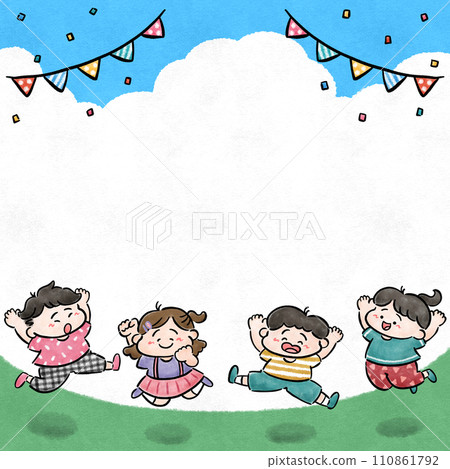 藍天下的孩子們快樂地跳躍手繪插畫背景 110861792