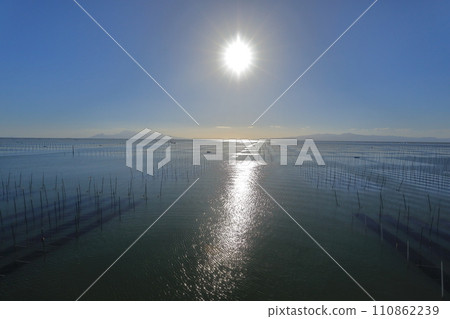 燦爛的陽光照耀著有明海的海藻農場 110862239