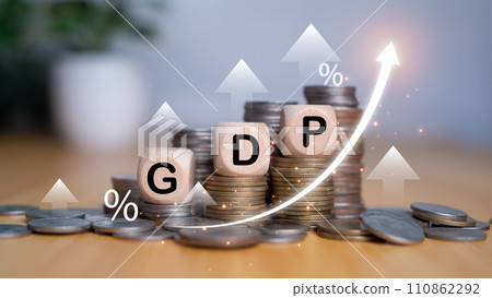 Gross domestic product, Financial, Management, Economic, Inflation, recession and Money concepts, GDP block with Coins stack and UP and Down arrow symbol icon. Gross domestic product, Financial, Management, Economic, Inflation, recession and Money concepts, GDP block with Coins stack and UP and Down arrow symbol icon. 110862292