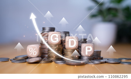Gross domestic product, Financial, Management, Economic, Inflation, recession and Money concepts, GDP block with Coins stack and UP and Down arrow symbol icon. Gross domestic product, Financial, Management, Economic, Inflation, recession and Money concepts, GDP block with Coins stack and UP and Down arrow symbol icon. 110862295