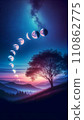 Moon Phases Over Tranquil Landscape with Tree Silhouette 110862775