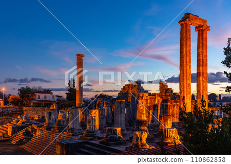 Lighted ruins of Apollo Temple at Didyma at dusk, Turkey 110862858