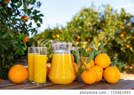 Orange juice and fresh fruits 110862885