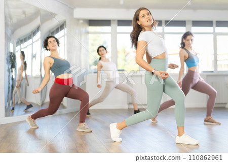 Group of active women learning modern dance movements at class together Group of active women learning modern dance movements at class together 110862961