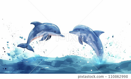 Watercolor painting of two jumping dolphins AI - Stock