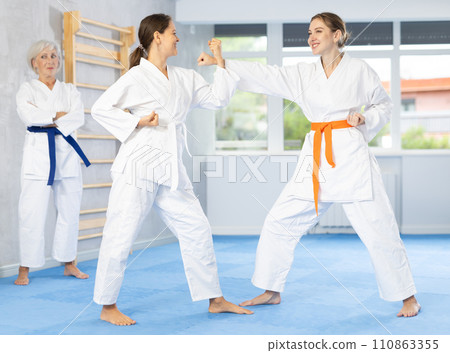 Karate lessons in the gym - women in pairs train punches and kicks in gym 110863355