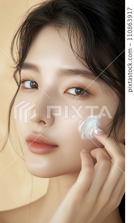 A woman applying face cream on her face (AI generated image) 110863917