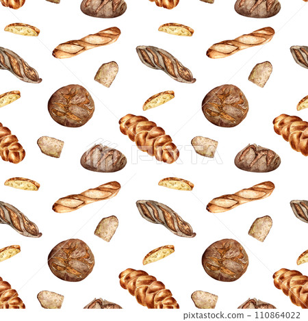 Different type of baguette and rye bread watercolor seamless pattern isolated on white. Hand drawn loaf. Painted challah. Illustration of bread. Element for design bakery, package, paper wrapping Different type of baguette and rye bread watercolor seamless pattern isolated on white. Hand drawn loaf. Painted challah. Illustration of bread. Element for design bakery, package, paper wrapping 110864022