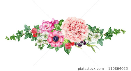 Spring lush flower natural decor. Watercolor vintage style illustration. Hand painted tender garden flowers with green leaves decoration. Pink peony, raspberry, ivy leaf element. White background 110864023
