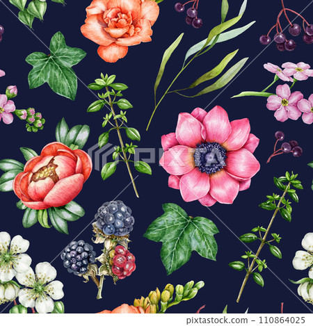 Garden flowers, natural elements seamless pattern. Watercolor painted illustration. Bright floral ornament on dark background. Freesia, anemone, raspberry, ivy leaves garden floral seamless pattern Garden flowers, natural elements seamless pattern. Watercolor painted illustration. Bright floral ornament on dark background. Freesia, anemone, raspberry, ivy leaves garden floral seamless pattern 110864025