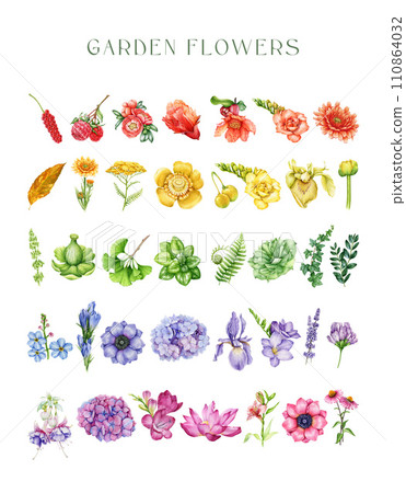 Rainbow flowers set. Watercolor illustration painted collection. Hand drawn different painted garden flowers, herbs, greens in rainbow colors. Floral vintage style element set. White background Rainbow flowers set. Watercolor illustration painted collection. Hand drawn different painted garden flowers, herbs, greens in rainbow colors. Floral vintage style element set. White background 110864032