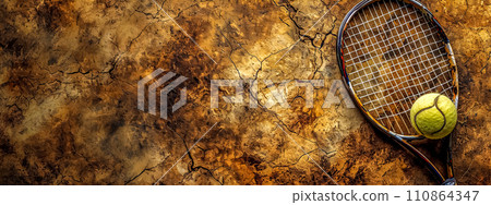 AI-generated content. A tennis racket and ball against a cracked, rustic earth-toned background. AI-generated content. A tennis racket and ball against a cracked, rustic earth-toned background. 110864347