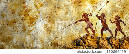 AI-generated content. Artistic representation of ancient hunters on a rustic cave wall 110864439