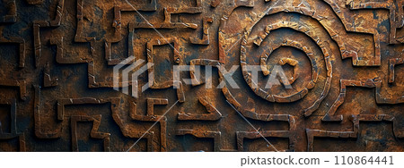 AI-generated content. intricate metallic maze design, evoking a sense of complexity and ancient craftsmanship against a dark, textured background. 110864441
