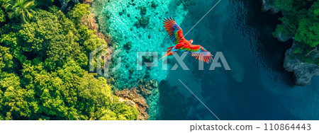 AI-generated content. flying parrot with a stunning spectrum of red, blue, and yellow feathers, contrasted against the lush greenery of a tropical forest and the crystalline blue waters of a serene 110864443
