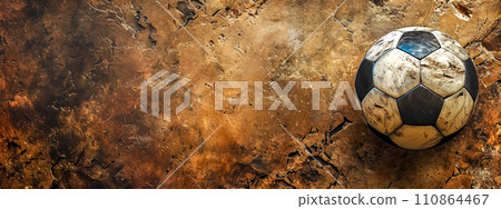 AI-generated content. Worn soccer ball against a textured ancient wall backdrop AI-generated content. Worn soccer ball against a textured ancient wall backdrop 110864467