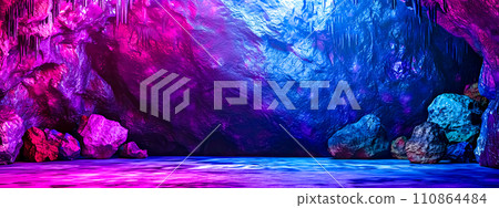 AI-generated content. A mesmerizing cave interior illuminated by vibrant purple and blue lights, casting a mystical glow over the rocky surfaces and the tranquil water, creating an ethereal and 110864484