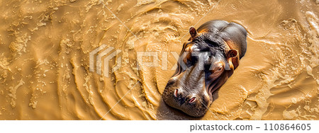 AI-generated content. Hippopotamus in a mud bath from above, copy space 110864605