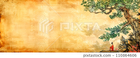 AI-generated content. traditional Japanese-style painting depicting a solitary red figure, meditating under an ancient pine tree, with a subtle, faded depiction of a village in the background AI-generated content. traditional Japanese-style painting depicting a solitary red figure, meditating under an ancient pine tree, with a subtle, faded depiction of a village in the background 110864606