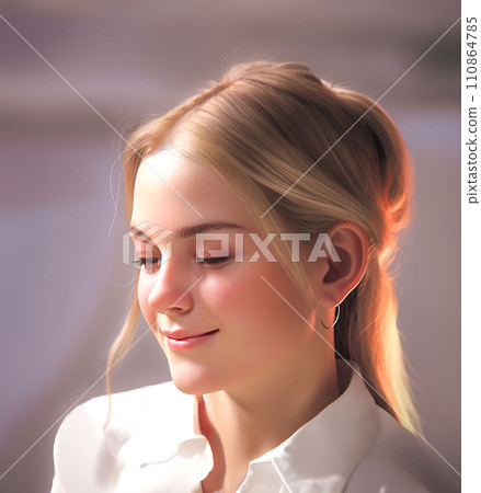 美麗的女人微笑著，眼神低垂 110864785