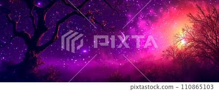 AI-generated content. A mystical twilight scene with silhouetted trees against a starry purple and red sky, evoking a sense of wonder and magic 110865103