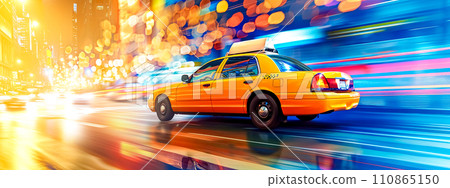 AI-generated content.  Speeding yellow taxi on a vibrant city street with motion blur and colorful light bokeh. 110865150