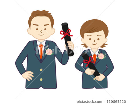 拿著畢業證書的穿著制服微笑的男孩和女孩（上半身）② 110865220