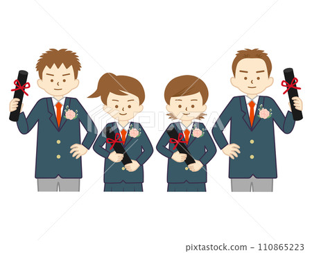 四個微笑的男孩和女孩穿著制服持有文憑（上半身） 110865223