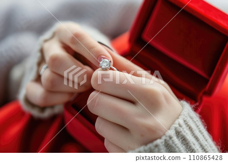 diamond ring in red box in woman hand on . ai generative diamond ring in red box in woman hand on . ai generative 110865428