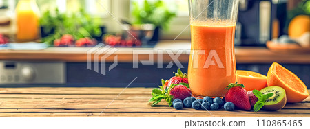 AI-generated content. A fresh fruit smoothie in a blender on a wooden countertop, surrounded by an assortment of vibrant fruits, set in a bright, sunny kitchen atmosphere. 110865465