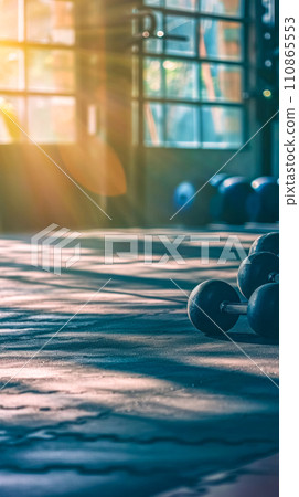 AI-generated content. gym during sunrise, with sunlight streaming through the window and casting a warm glow over the dumbbells and textured floor, symbolizing dedication and tranquility in fitness 110865553