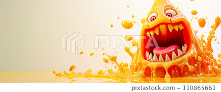 AI-generated content. gelatinous, cartoonish monster emerging from a pool of orange goo, exuding a playful yet bizarre charm 110865661