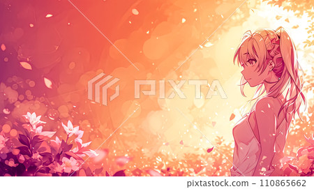 AI-generated content. anime-style illustration of a young woman with flowing hair and a side glance, set against a backdrop of a warm, sunlit bokeh effect, with vibrant flowers adding to the dreamy 110865662