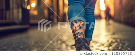 AI-generated content. tattooed leg with the word "Tattoo" inked amongst floral designs, set against the backdrop of a blurred, warmly lit street scene, adding a dynamic urban feel to the personal AI-generated content. tattooed leg with the word "Tattoo" inked amongst floral designs, set against the backdrop of a blurred, warmly lit street scene, adding a dynamic urban feel to the personal 110865738