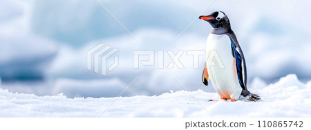 AI-generated content. A charming penguin stands on a snowy expanse with a soft-focused icy blue background, evoking the serene and pristine environment of the polar regions 110865742